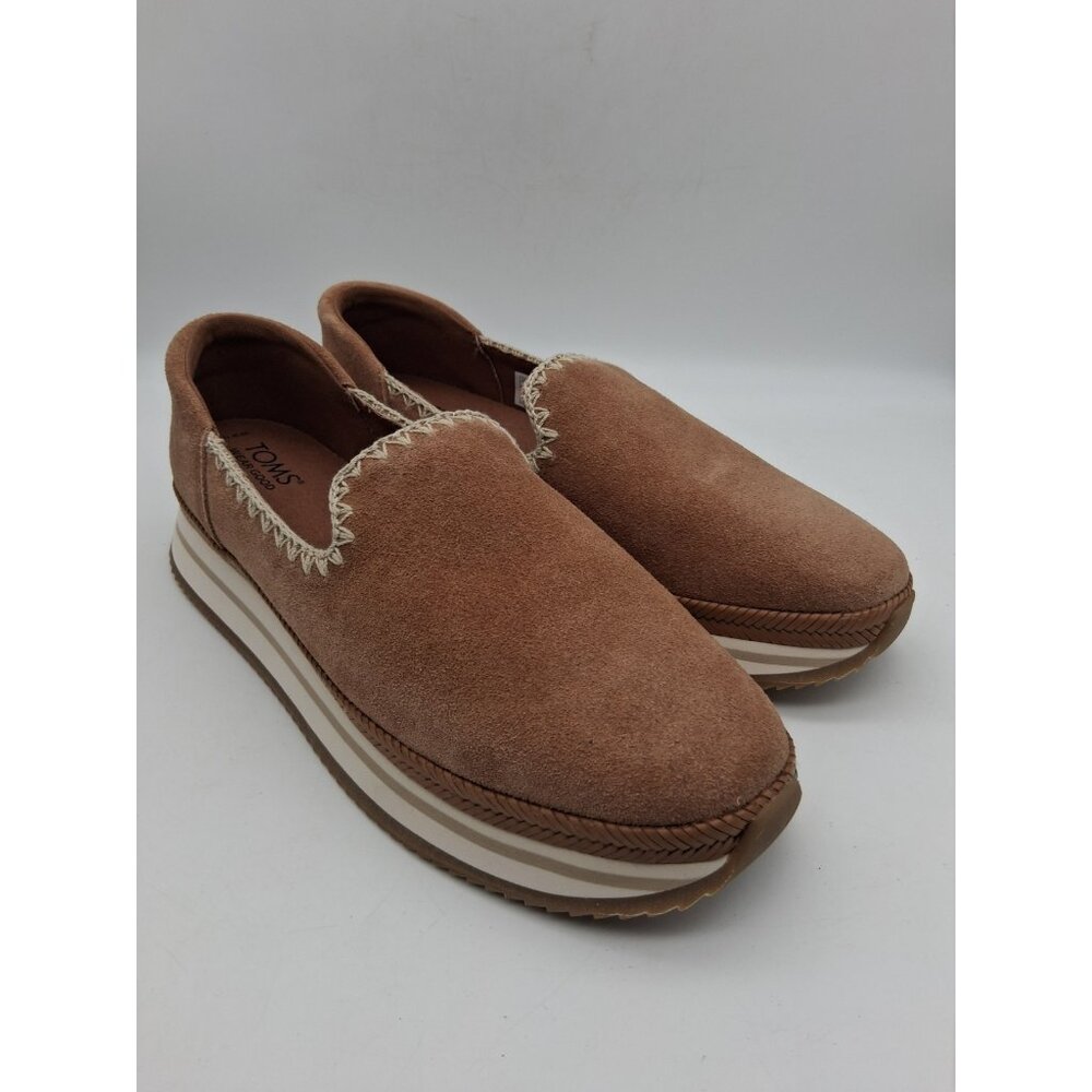 Toms Tan Leather Suede Platform Shoes Womens 11 Stitching Embroidered